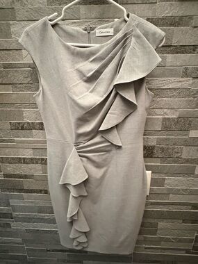 Calvin Klein Gray Ruffle Midi Sheath Dress